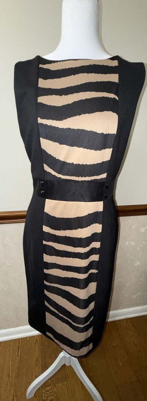 Tahari Arthur S. Levine Black and Tan Zebra Print Sheath Dress Size 6